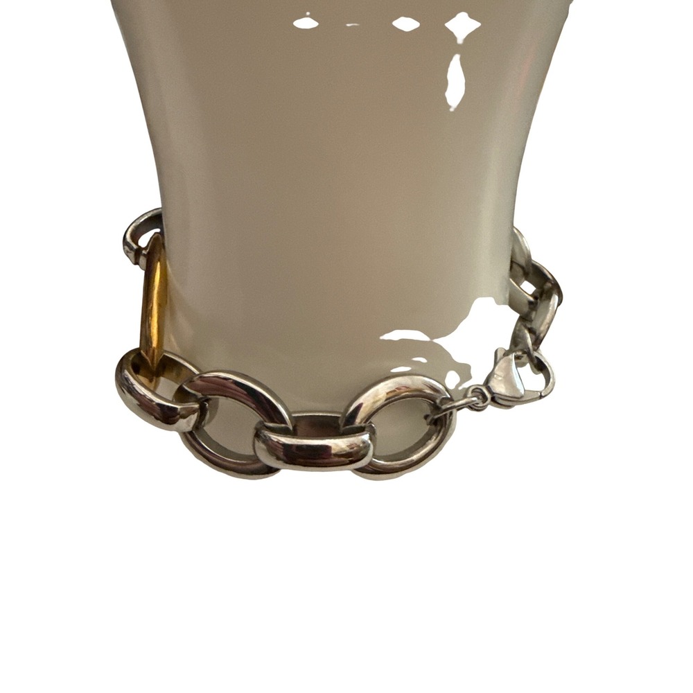Mixed Metal‎ Link Bracelet Silver Gold Tone Oval Chain Modern Minimalist 7.5" - Picture 8 of 10